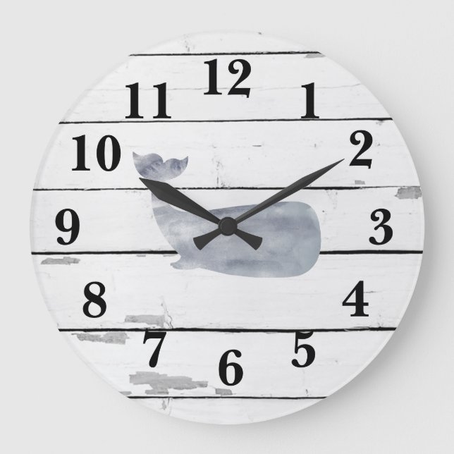 Nautical Blue Whale Shiplap Rustic Decor Große Wanduhr (Vorderseite)