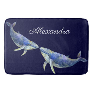 Nautical Blue Whale Watercolor Name Weißes Holz Badematte