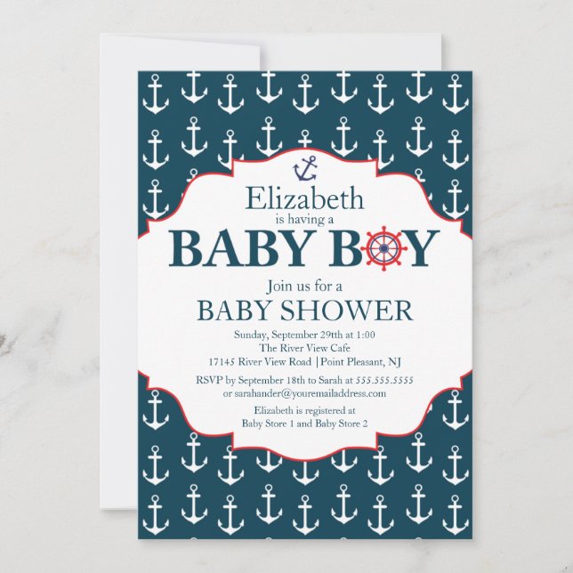 Nautical Blue & White Anchors Boys Baby Dusche Einladung (Vorderseite)