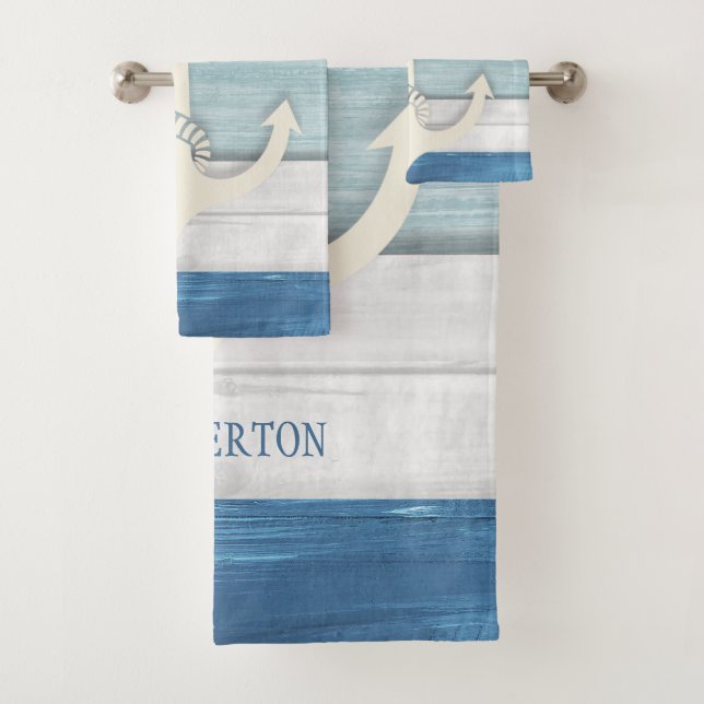 Nautical Blue White Distressed Wood Anchor Beach Badhandtuch Set (Insitu)