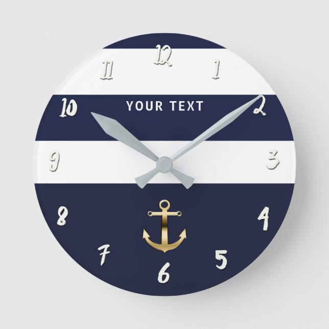 Nautical Blue & White Stripes Gold Anchor Runde Wanduhr (Vorderseite)