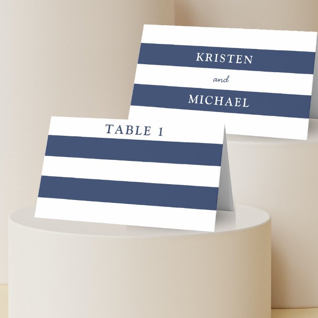 Nautical Blue & White Striping Wedding Platzkarte (Nautical Blue & White Striped Wedding Place Card)