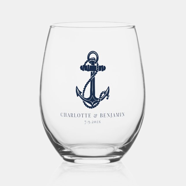 Nautical Boat Anchor Coastal Wedding Weinglas Ohne Stiel (Vorderseite)