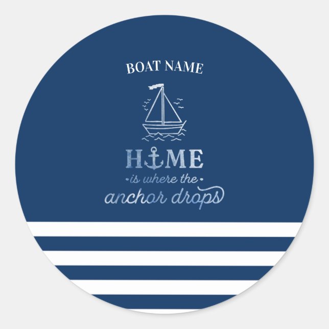 Nautical Boat Anchor Navy Blau Streifen Runder Aufkleber (Vorderseite)