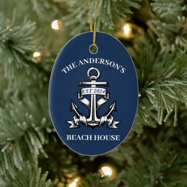 Nautical Boat Beach House Anchor Familienname Est Keramik Ornament (Baum)