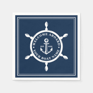 Nautical Boat Name Anchor Wheel Navy Blue Serviette