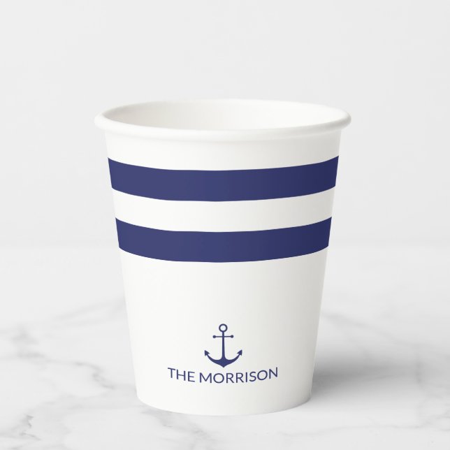 Nautical Boat Name Marine Blaue weiße Ankerstreife Pappbecher (Vorderseite)