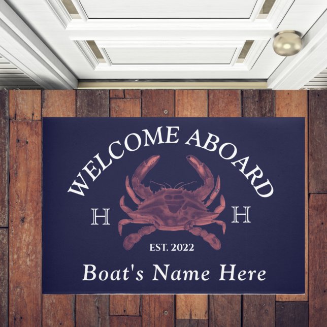 Nautical Boat Name Red Crab Welcome Navy Blue Fußmatte (Von Creator hochgeladen)