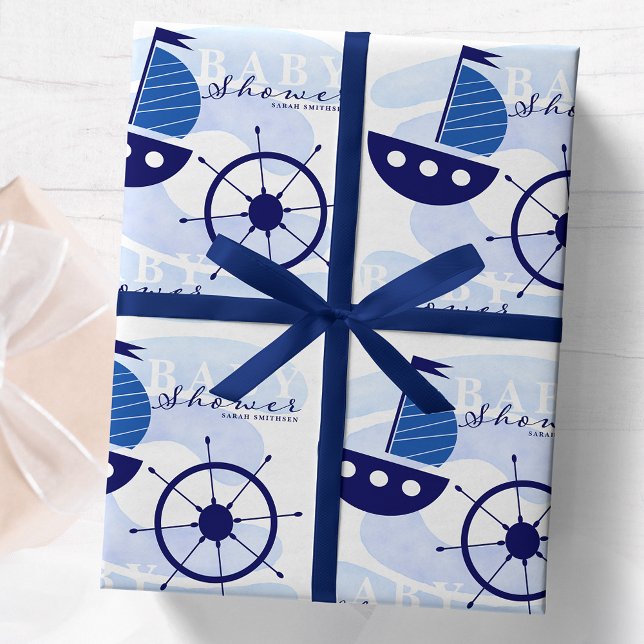 Nautical Boat Wheel Baby Shower Navy Blue Geschenkpapier (Von Creator hochgeladen)