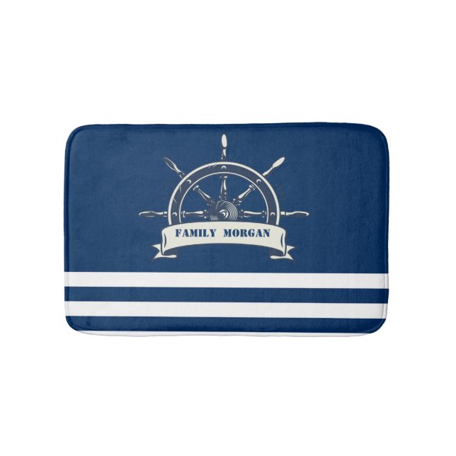 Nautical Boat Wheel, Navy Blue Streifen Badematte (Vorderseite)