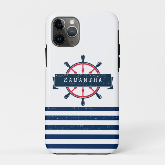 Nautical Boat Wheel, Navy Blue Streifen Case-Mate iPhone Hülle (Rückseite)
