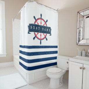 Nautical Boat Wheel, Navy Blue Streifen Duschvorhang