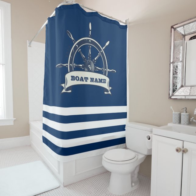 Nautical Boat Wheel, Navy Blue Streifen Duschvorhang (Beispiel)