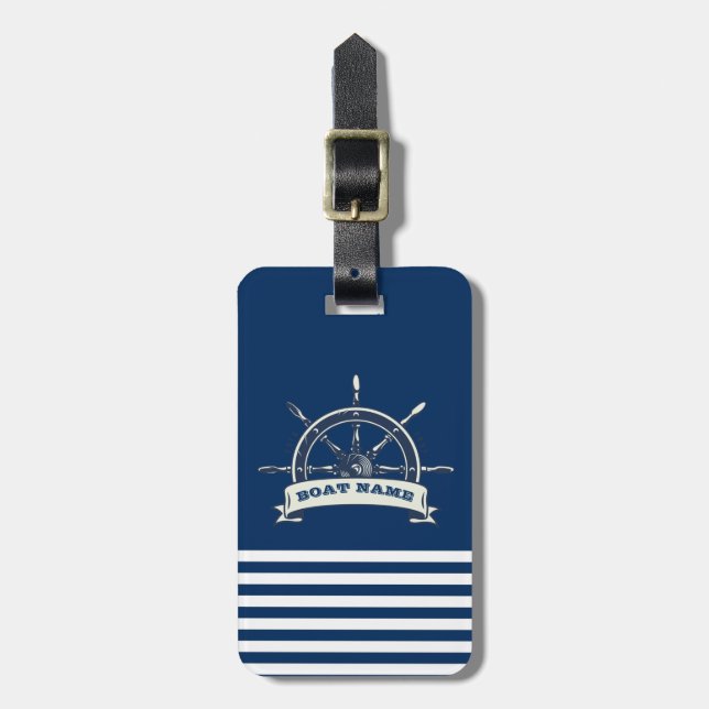 Nautical Boat Wheel, Navy Blue Streifen Gepäckanhänger (Vorderseite vertikal)