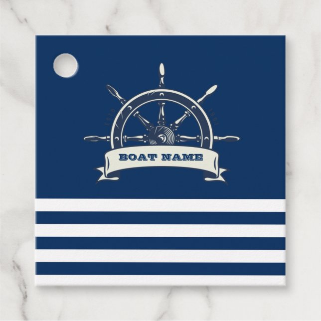 Nautical Boat Wheel, Navy Blue Streifen Geschenkanhänger (Vorderseite)