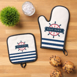 Nautical Boat Wheel, Navy Blue Streifen Ofenhandschuh & Topflappen-Set