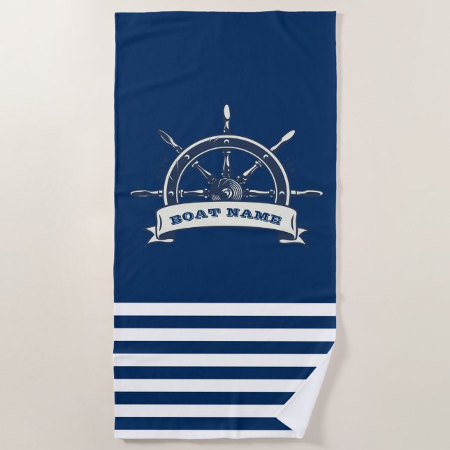 Nautical Boat Wheel, Navy Blue Streifen Strandtuch (Vorderseite)