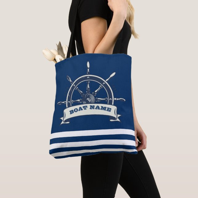 Nautical Boat Wheel, Navy Blue Streifen Tasche (Von Nahem)