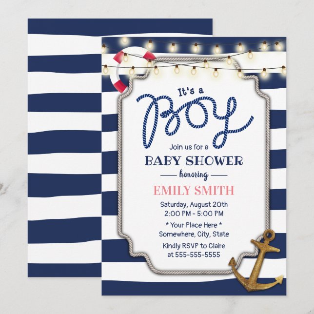 Nautical Boy Baby Dusche Gold Anker Navy Streifen Einladung (Vorne/Hinten)
