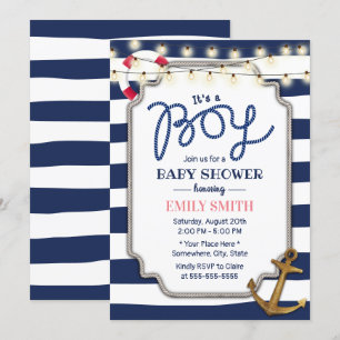 Nautical Boy Baby Dusche Gold Anker Navy Streifen Einladung