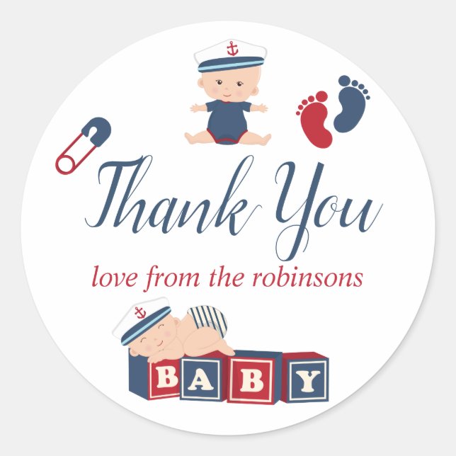 Nautical Boy Baby Dusche Vielen Dank Runder Aufkleber (Vorderseite)
