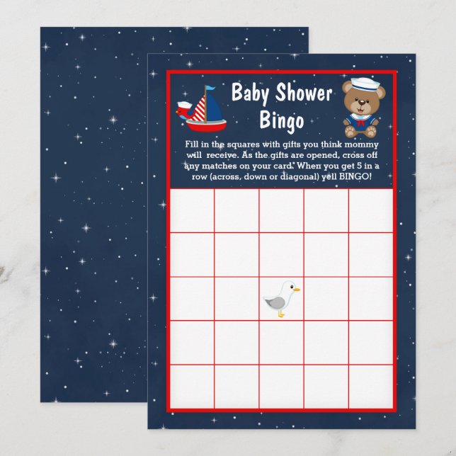 Nautical Boy Bear Red and Navy Baby Bingo Einladung (Vorne/Hinten)