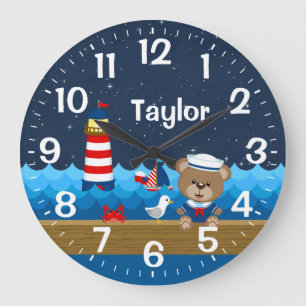 Nautical Boy Bear Red and Navy Große Wanduhr