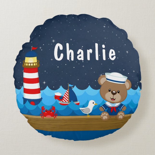 Nautical Boy Bear Red and Navy Rundes Kissen (Vorderseite)