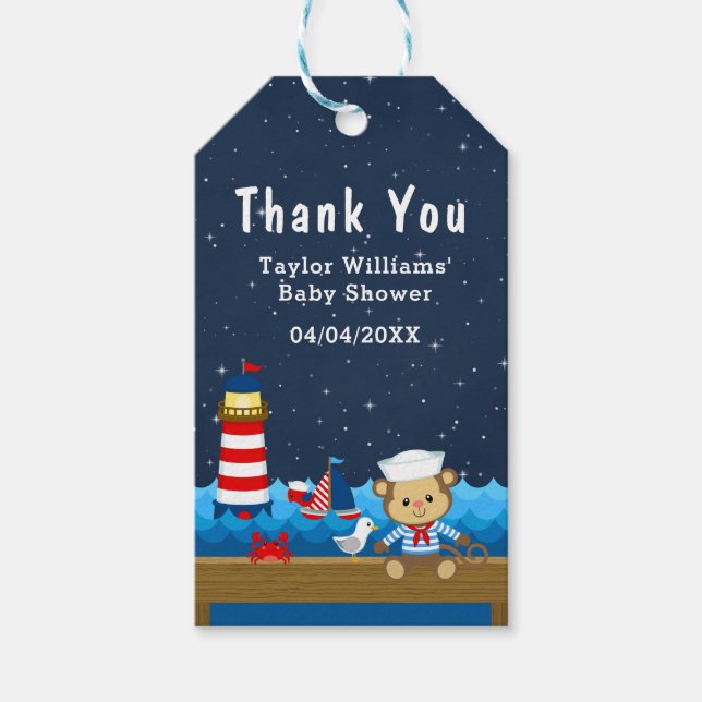 Nautical Boy Monkey Red Baby Dusche Vielen Dank Geschenkanhänger (Vorderseite)
