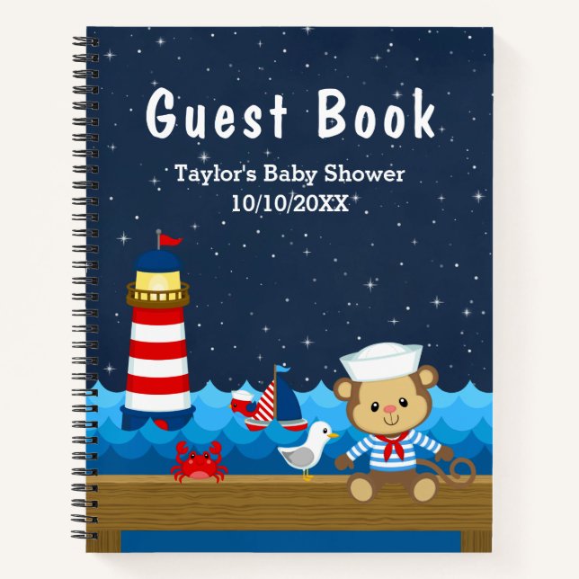 Nautical Boy Monkey Red Baby shower Livre d'invité (Devant)