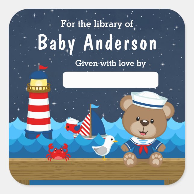 Nautical Boys Bear Red and Navy Baby Buchzeichen Quadratischer Aufkleber (Vorderseite)