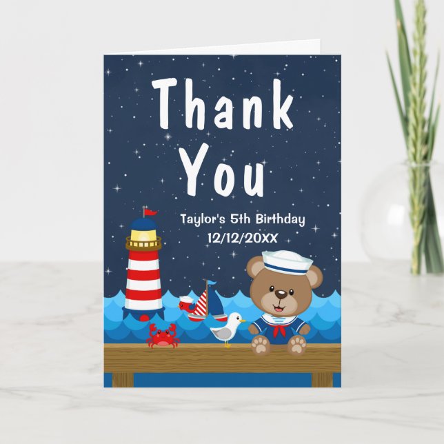 Nautical Boys Bear Red and Navy Birthday Party Dankeskarte (Vorderseite)