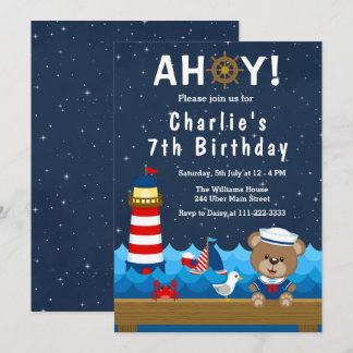 Nautical Boys Bear Red and Navy Birthday Party Einladung