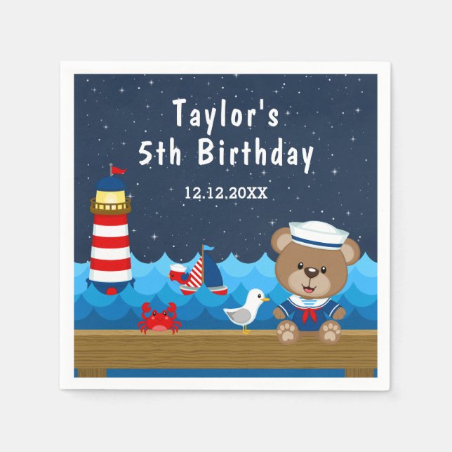 Nautical Boys Bear Red and Navy Birthday Party Serviette (Vorderseite)