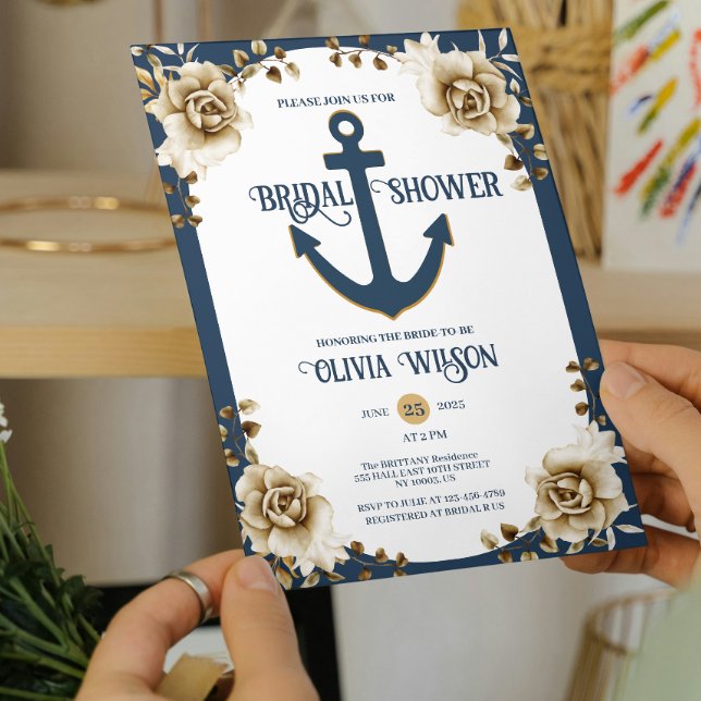 Nautical Bridal Shower Anchor Blue Gold Floral  Einladung (nautical bridal shower anchor navy blue Gold seaside bridal showers, yacht parties,  bride to be)