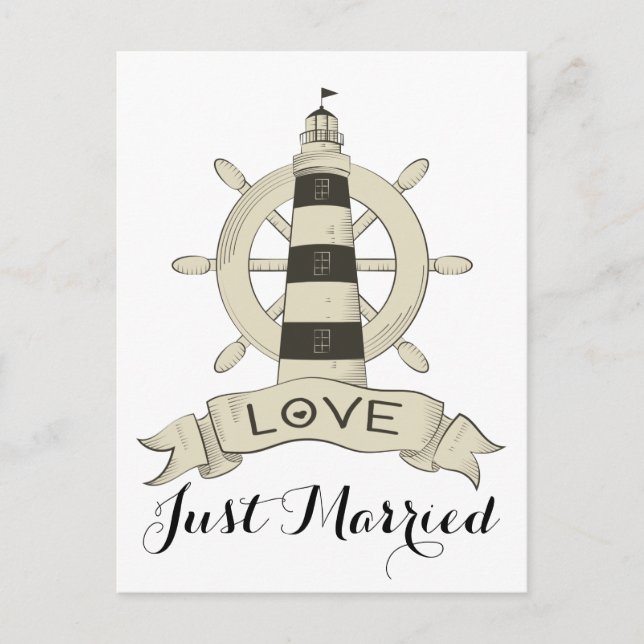 Nautical Brown Just Married Lighthouse Ship Wheel Ankündigungspostkarte (Vorderseite)