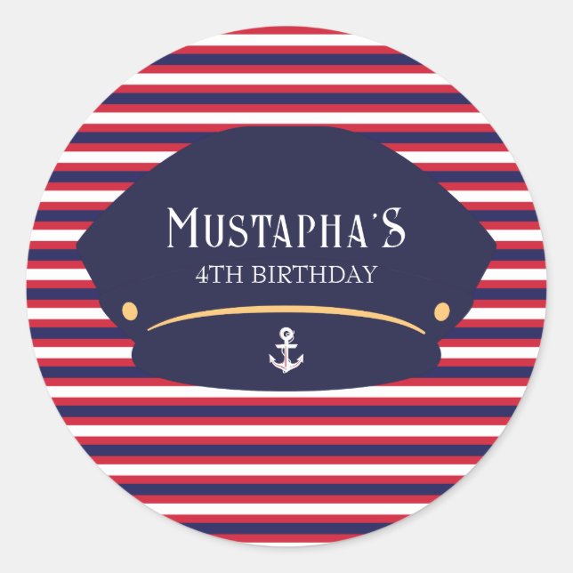 Nautical Captain Birthday Red & Navy Stripes Runder Aufkleber (Vorderseite)