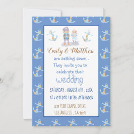 Nautical Cartoon Blue White and Gold Wedding Einladung
