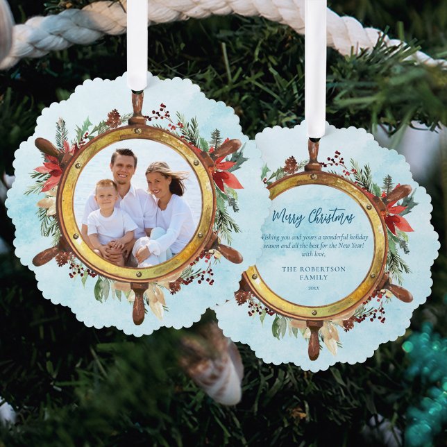 Nautical Christmas Ship Wheel Foto Ornament Karte (Von Creator hochgeladen)