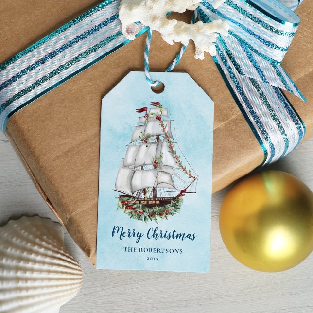 Nautical Christmas Watercolor Segelschiff Geschenkanhänger (Von Creator hochgeladen)