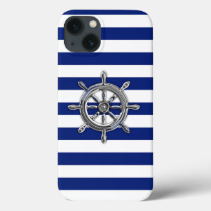 Nautical Chrome Wheel on Navy Stripes Print title_seo2