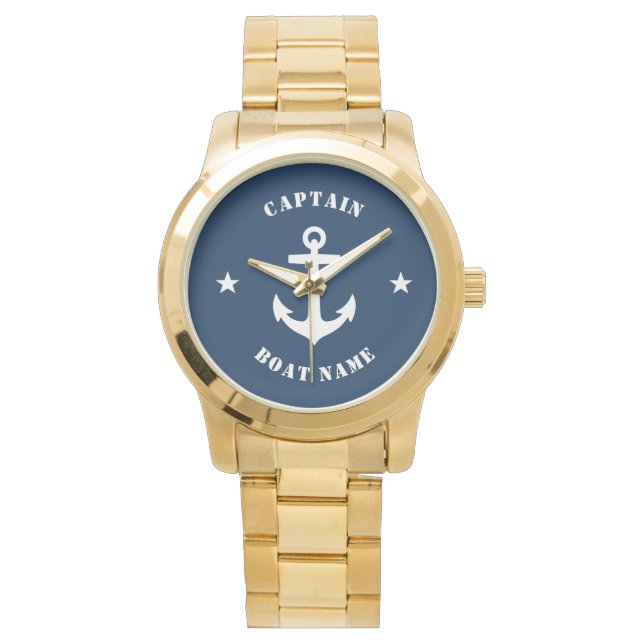 Nautical Classic Anchor Captain Boatname Navy Armbanduhr (Vorderseite)