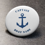 Nautical Classic Anchor Captain Boatname Navy Button<br><div class="desc">Navy Blue Classic Nautical Anker und Ihr Personalisierter Bootsname und die individuell anpassbare Captain Rank Button.</div>