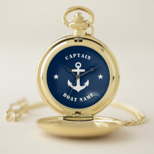 Nautical Classic Anchor Captain Boatname Navy Taschenuhr
