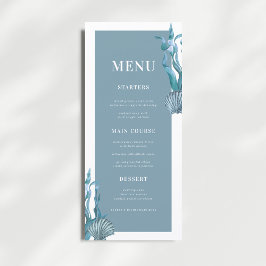 Nautical Coastal Blue Muschel Beach Theme Wedding Menükarte