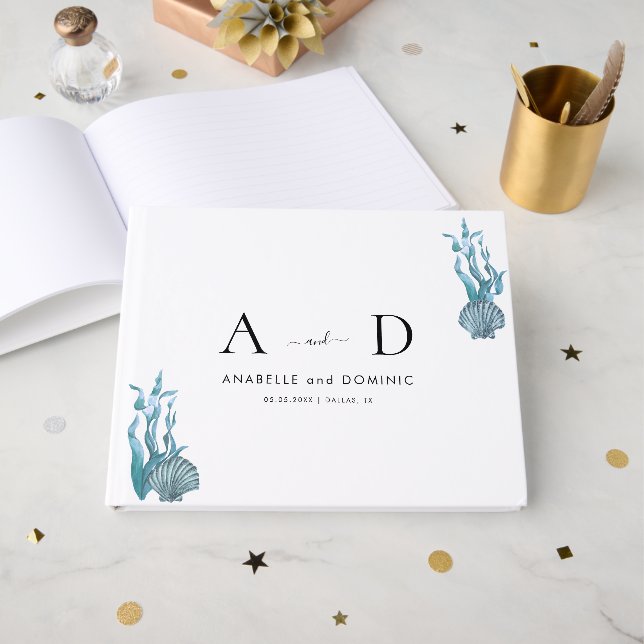 Nautical Coastal Blue Seashell Wedding Monogram Gästebuch (Vorderseite Offen)