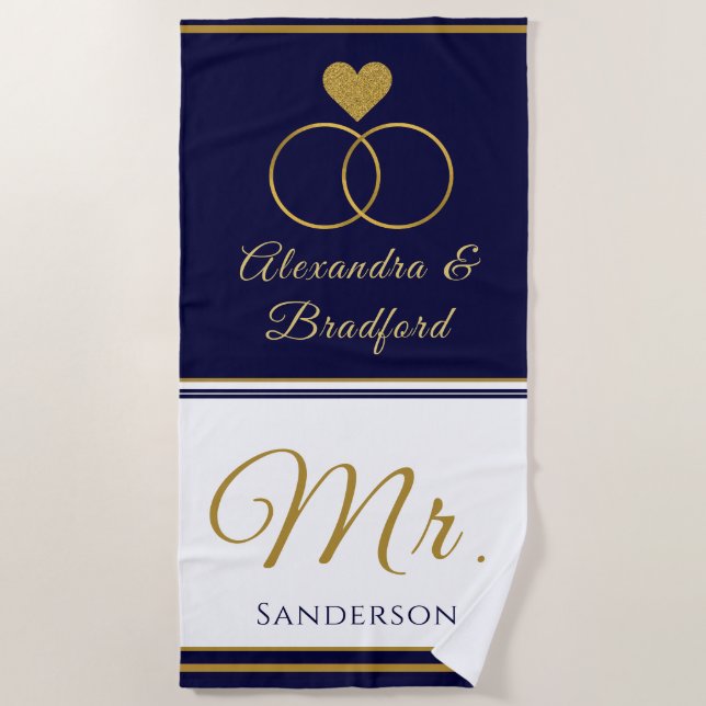 Nautical Coastal Couple Wedding Marine blaues Gold Strandtuch (Vorderseite)