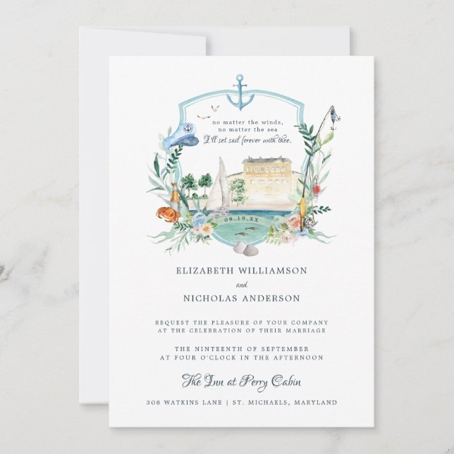 Nautical Coastal Fishing Seaside | Wedding Crest Einladung (Vorderseite)