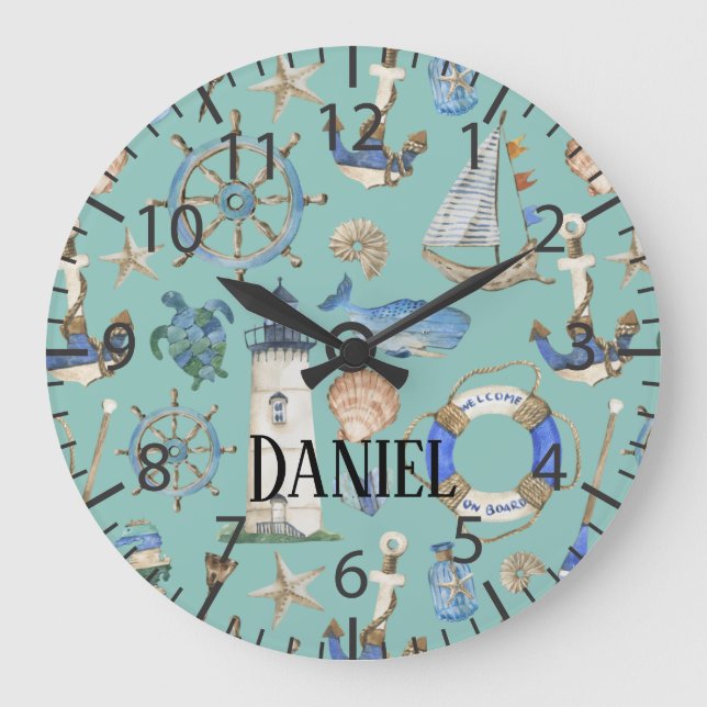 Nautical Coastal Sea Beach Aquamarin Boy Room Name Große Wanduhr (Vorderseite)