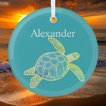 Nautical Coastal Sea Turtle  Blue Yellow Teal Ornament Aus Glas<br><div class="desc">Christmas Ornament:
Monogrammed with name Custom Nautical Coastal Sea Turtle Teal  Blue Yellow Green</div>